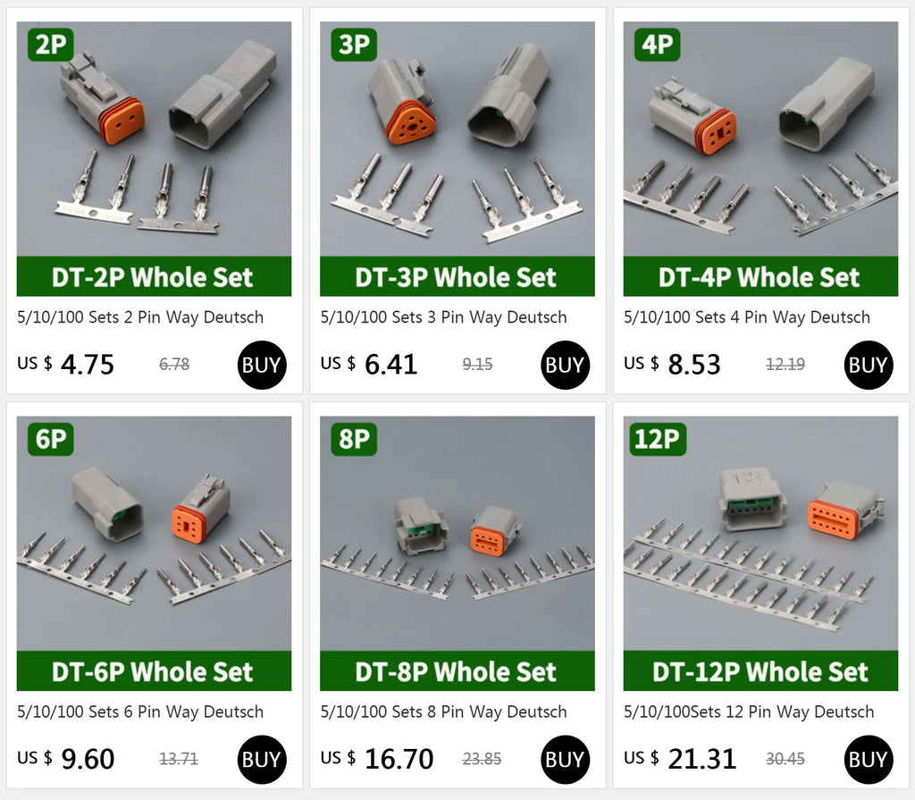 Deutsch DT Series 8-Pin Waterproof Connector Set, Male Female Electrical Plug for 16–22 AWG Automotive Wiring DT04-8P DT06-8S
