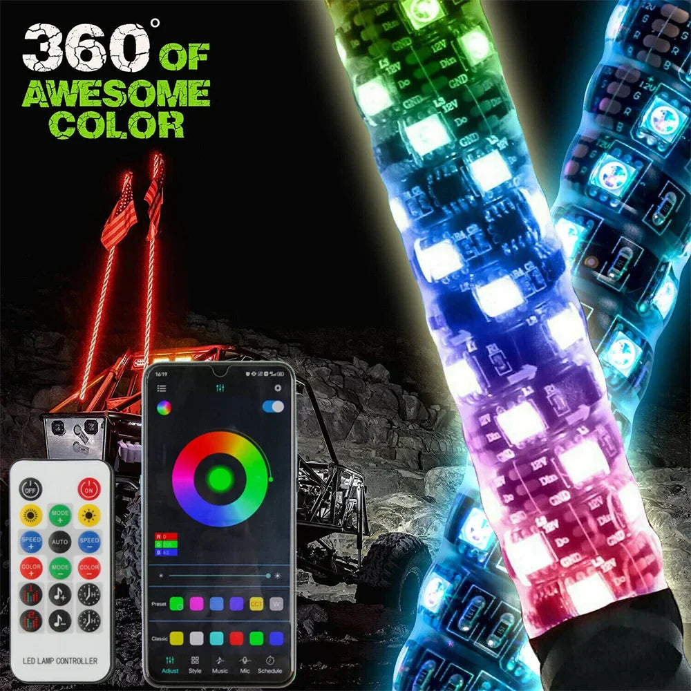 3FT Spiral Whip Lights Remote Control Turn Signal Brake Function Dream-Color Dancing For UTV RZR Can-Am SxS Sand Dune Buggy Truc