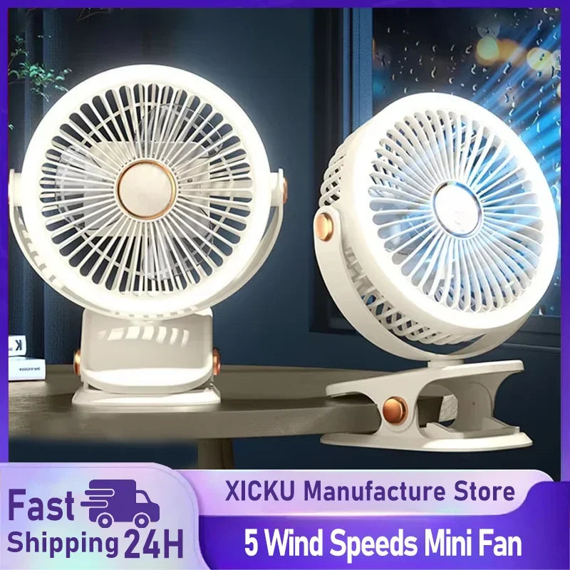 Clip-on Fan Quiet Rechargeable Desktop Portable Air Circulator Wireless Fan With LED Light For Camping Amagi