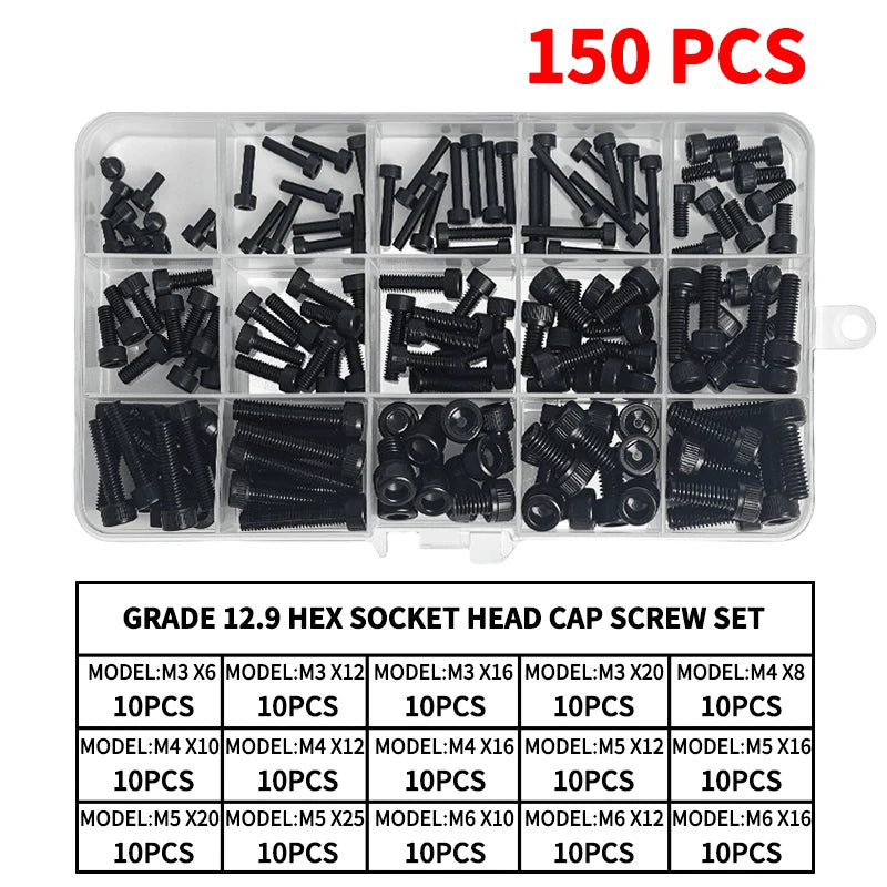 Grade 12.9 Carbon Steel Socket Head Cap Screws Kit, M3 M4 M5 M6 M8 Assortment, High Tensile Hex Bolts, Rust Resistant, Allen Key