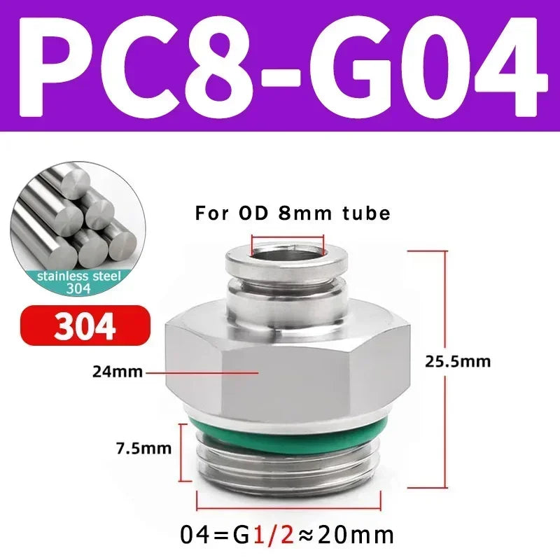 Stainless Steel PC-G Pneumatic Push-In Fitting, Straight Male G Thread Air Tube Connector for Air Compressor & Pneumatic Systems