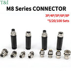 M8 Waterproof Aviation Connector Set, 3–8 Pin Male Female Plug & Socket for Proximity Sensor, Straight Right Angle/Flange Mount