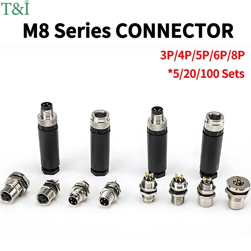 M8 Waterproof Aviation Connector Set, 3–8 Pin Male Female Plug & Socket for Proximity Sensor, Straight Right Angle/Flange Mount