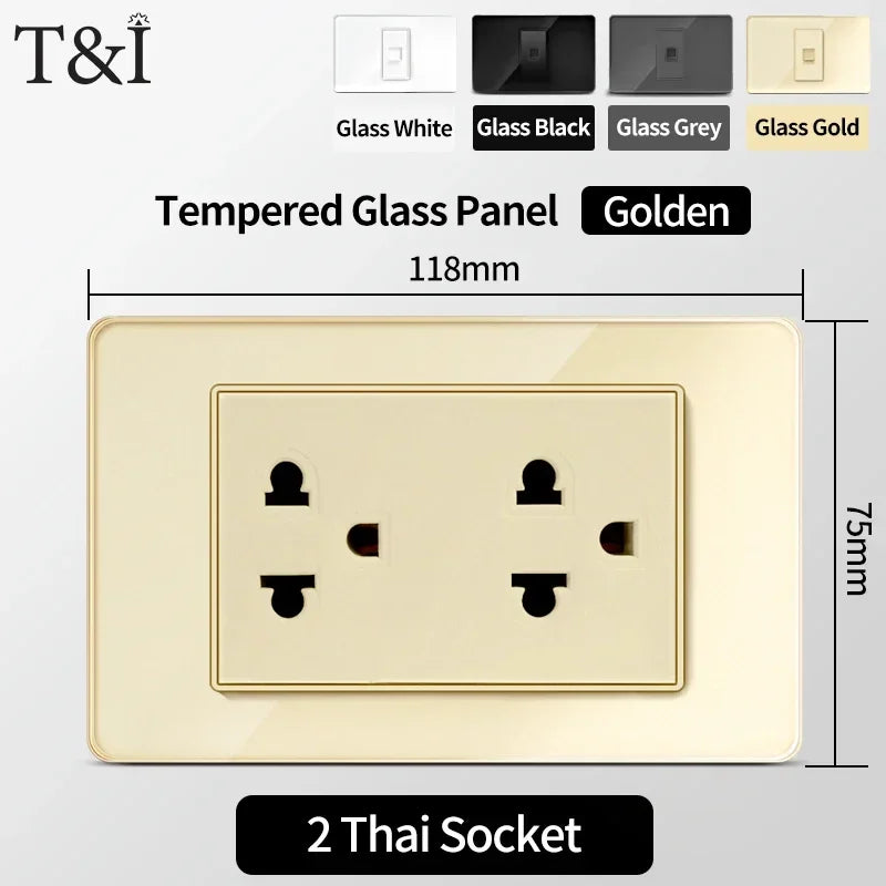 118 Series Glass Panel Wall Switch Socket, US Mexico Standard, USB and Type-C Charging Ports, 1/2/3/4 Gang Options