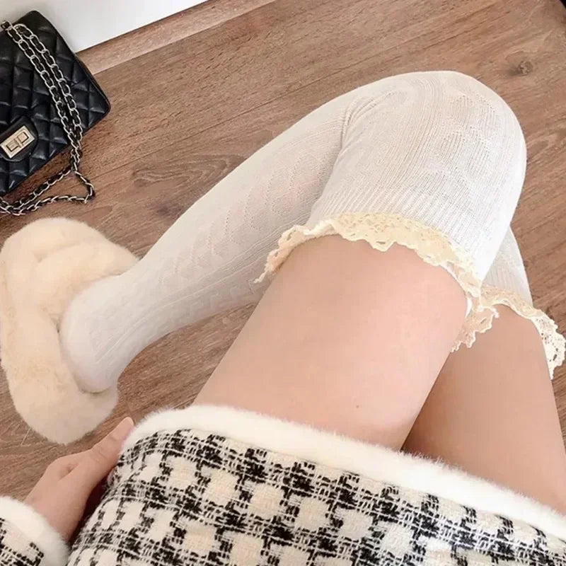 Lace Thigh High Stockings Women Sweet Girls Casual Trendy Over The Knee Leg Warmer Sexy Tube Legging Lolita Long Socks Amagi