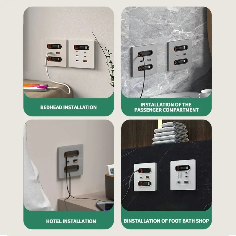 86-Type Wall Socket Panel with 20W USB-C PD & USB-A Ports | 80CM Retractable Cable for iPhone/Android Fast Charging