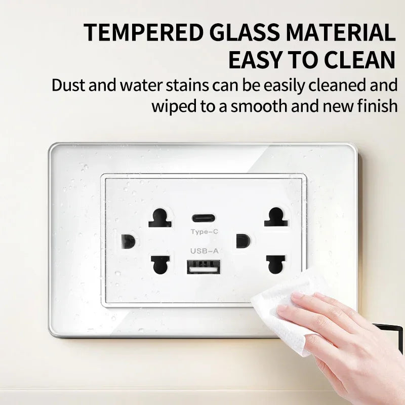 118x75mm Tempered Glass US-Thai Socket: Dual USB-C Ports & 2 AC Outlets for 110V, Scratch-Resistant Panel