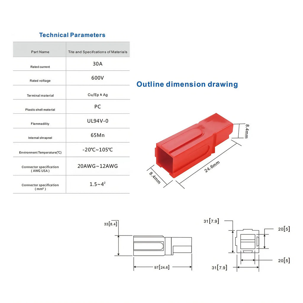 40/90/200/500Pcs/Box  Single Pole Plug 30A High Current Connector - PP Battery Forklift Power Terminals Bulk Pack