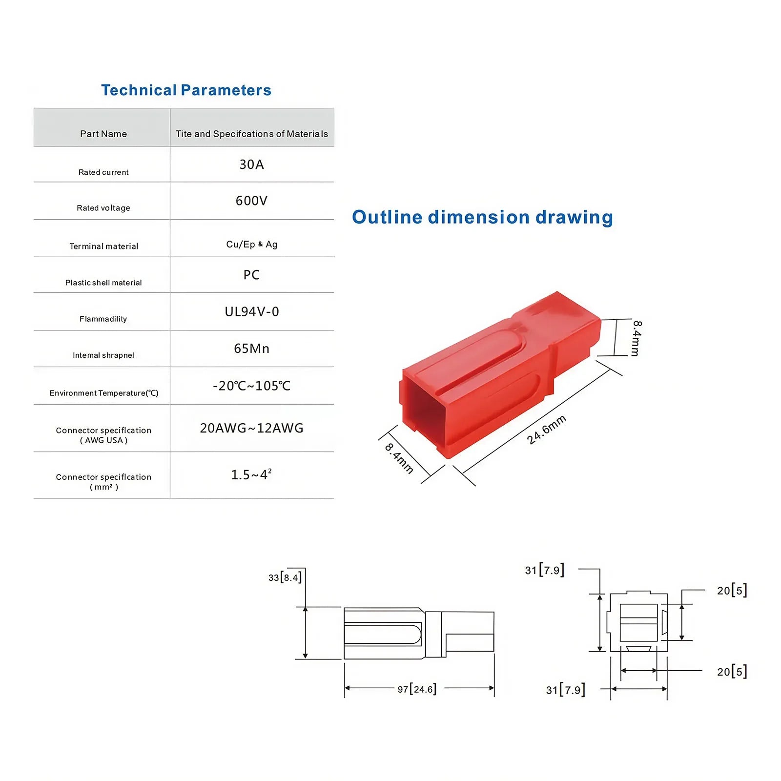 40/90/200/500Pcs/Box  Single Pole Plug 30A High Current Connector - PP Battery Forklift Power Terminals Bulk Pack