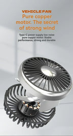 Car Fan Cooling Dual Head Type-c Usb Car Fan 3 Speeds Adjustable Auto Cooler Air Fan With LED Lights Car Accessories Amagi