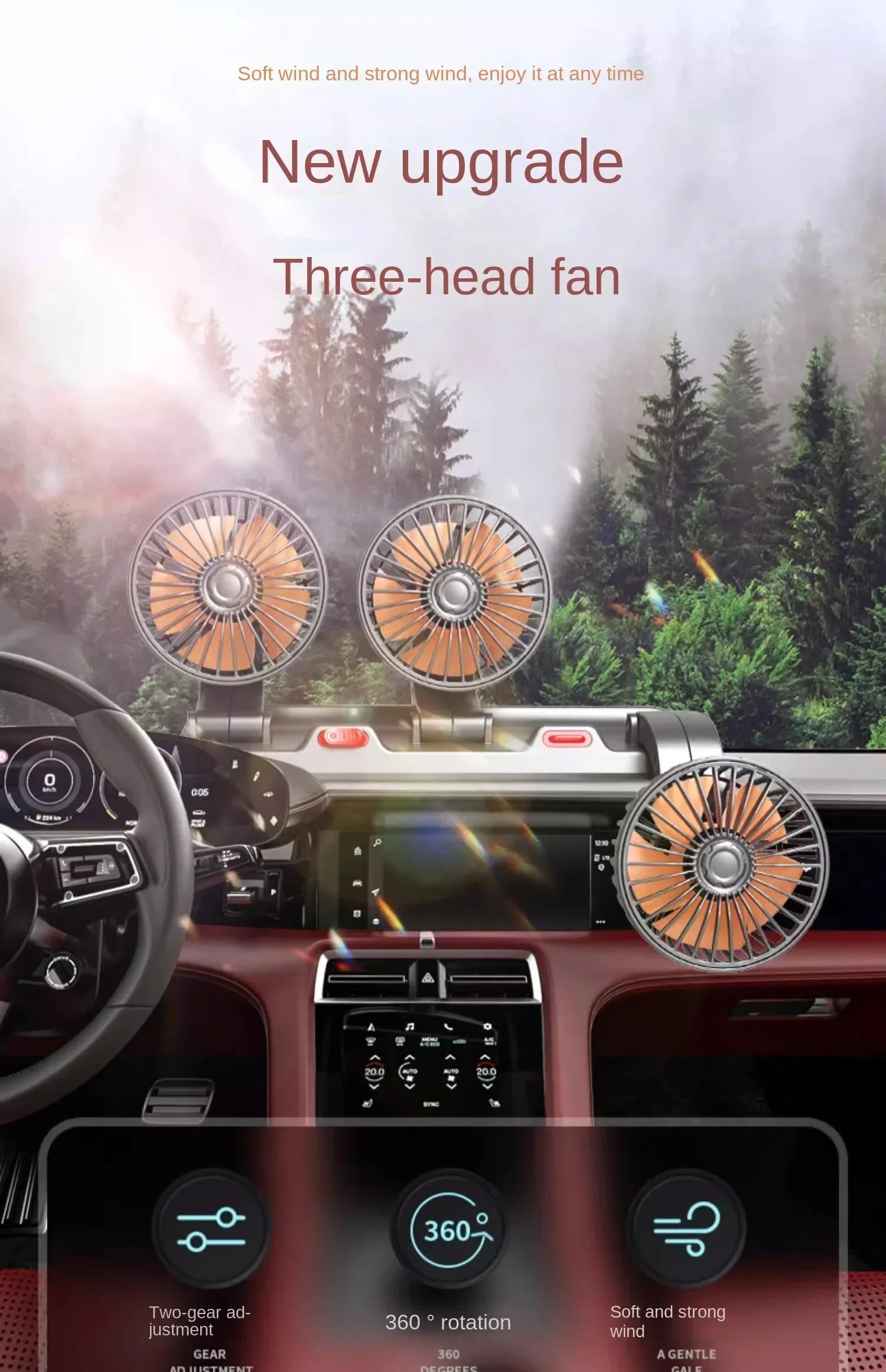 Car Fan 360° Adjustable 3 Head Air Fan Automotive Electric Fan USB/12V/24V Fan 2 Speeds Silent Fan For Home Desk Office Amagi