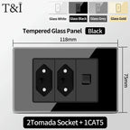 Brazil Standard Wall Socket (Type N) with Type‑C USB, 3‑Gang Wall Switch, Tempered Glass Panel, Stable Power for Home/Office