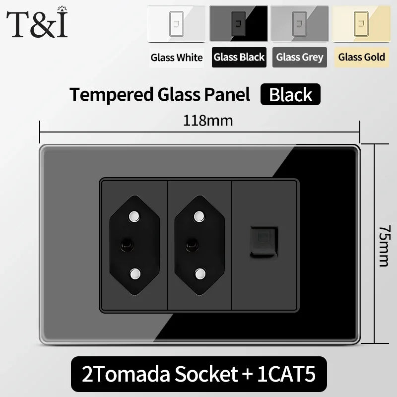 Brazil Standard Wall Socket (Type N) with Type‑C USB, 3‑Gang Wall Switch, Tempered Glass Panel, Stable Power for Home/Office