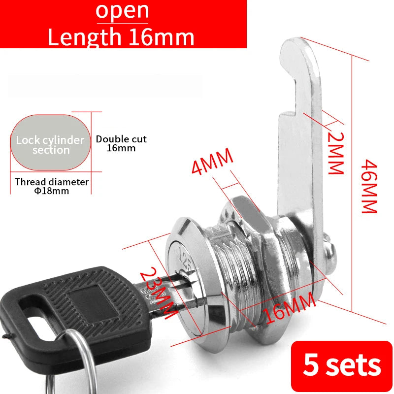 Cabinet Cam Lock Set, 5 Pack Two-Sided Keyed Alike 16MM-30MM Cylinder Cam Locks Secure Mailbox File Drawer Compartment Lock