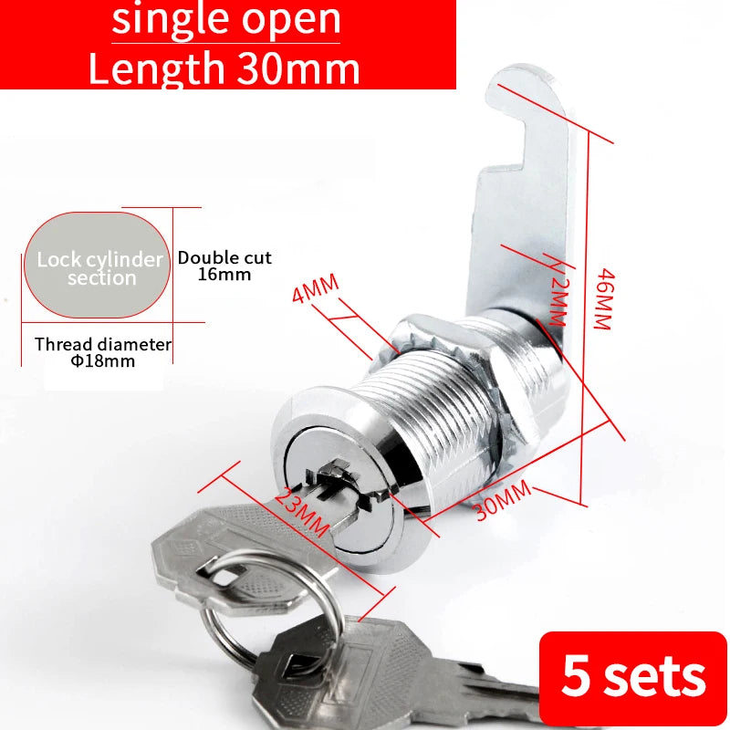 Cabinet Cam Lock Set, 5 Pack Two-Sided Keyed Alike 16MM-30MM Cylinder Cam Locks Secure Mailbox File Drawer Compartment Lock