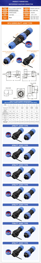 IP68 SP21 Waterproof Aviation Connector Socket with Male and Female Butt, 2/3/4/5/6/7/12 Pins Docks for Industrial Use