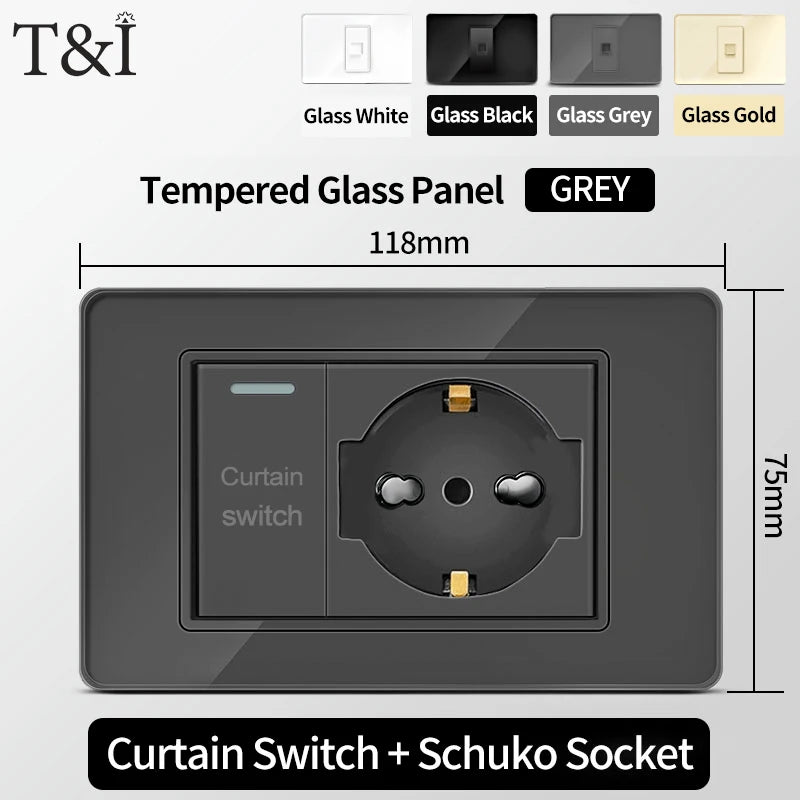 T&I Wall Switch Sockets with USB-C Fast Charging - Italy Socket, Chile Schuko Outlet & Tempered Glass Panel for Home Use