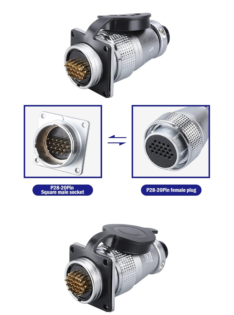 P28 Aviation Connector, Square Flange Socket, Male/Female Circular Butt Joint, 2/3/4/5/7/10/12/14/16/19/20/24 Pin, P28K2Q PLS28