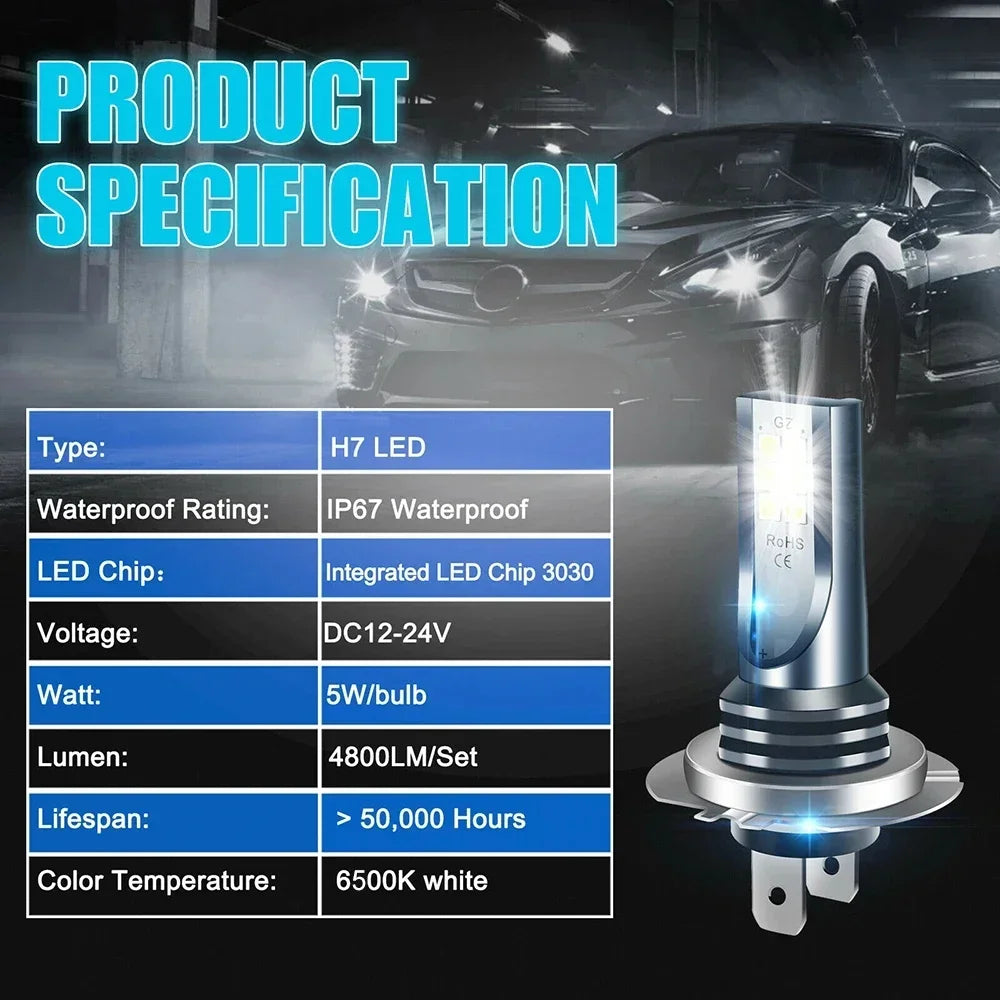 2pcs H4/H7 Led Headlight Bulb Kit Car Fog Light Bulbs High Low Beam 30000lm Super Bright 6500k White Led Lights for Vehicles New