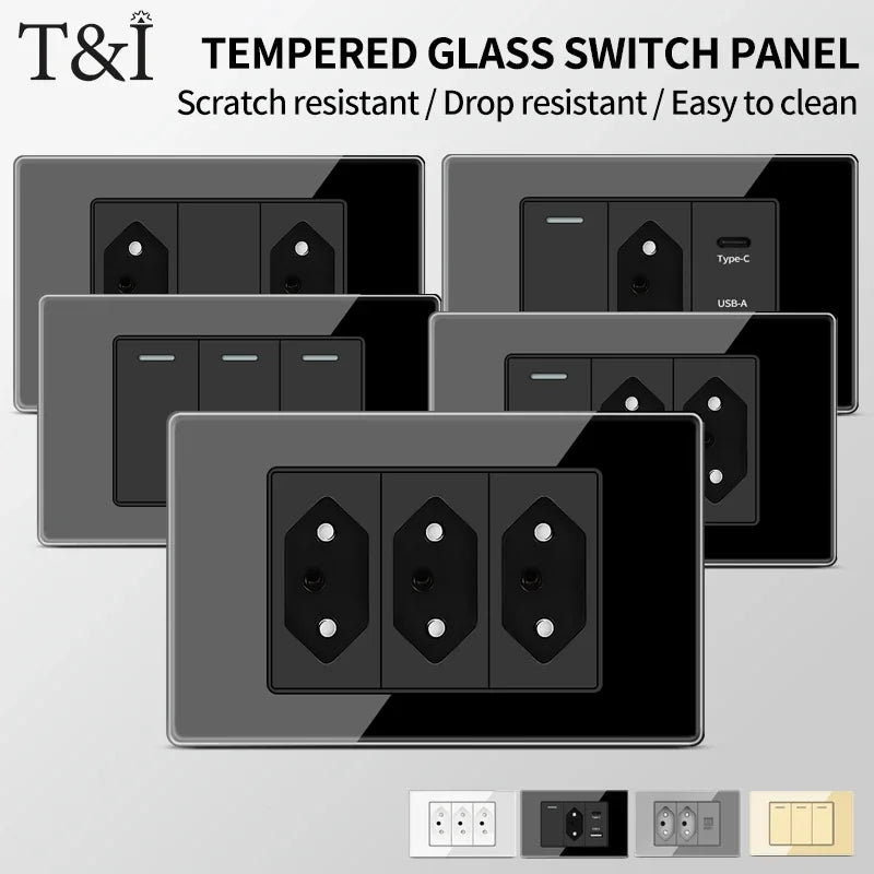 Brazil Standard Wall Socket (Type N) with Type‑C USB, 3‑Gang Wall Switch, Tempered Glass Panel, Stable Power for Home/Office