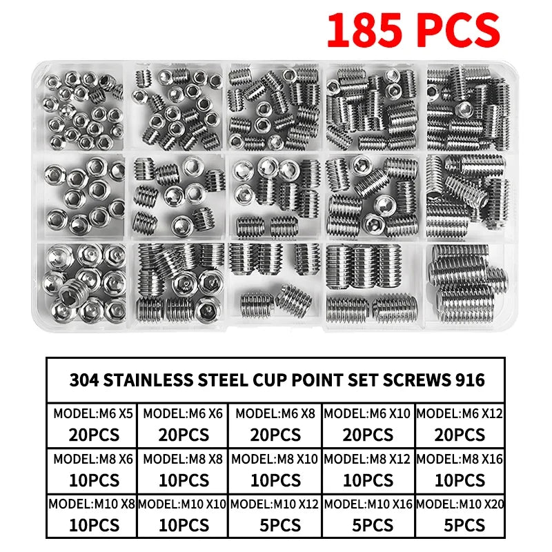 304 Stainless Steel Grub Screws Assortment Kit, Hex Socket Cup Point Set Screws with Allen Key,M3–M10 DIN916 Precision Fasteners