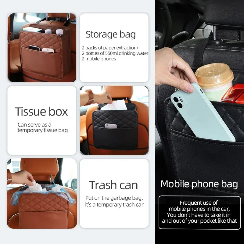 2/1pcs Multifunction Car Seat Hanging PU Leather Storage Bag Organizer Rear Seat Hanging Pouch Tissue Box Trash Dustb Accessorie