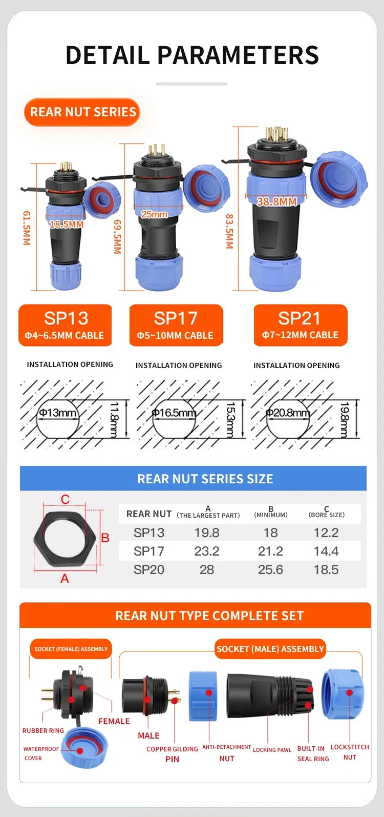 5/10/100 Sets SP16 SP17 SP20 SP21 2PIN-12PIN Screw Wiring Waterproof Aviation Connectors IP68, Electrical Cable Wire Connector