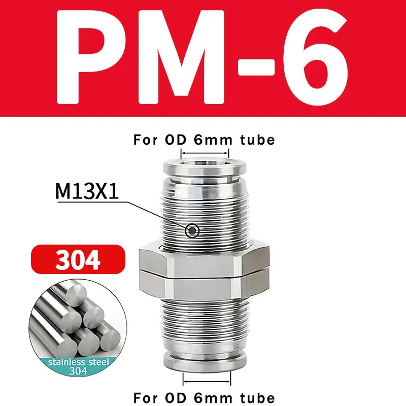 PM Type 304 Stainless Steel Bulkhead Pneumatic Connector, Push-In Hose Fitting 4mm–16mm for Air, Gas and Fluid Pipe Connection