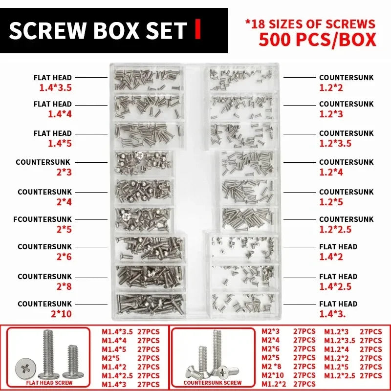 500Pcs/Box M1.2 M1.4 M2 Universal Mini Small Screws Nuts Assortment Kit For Sunglass Watch Eye Glasses Clock Laptop Repair Tools
