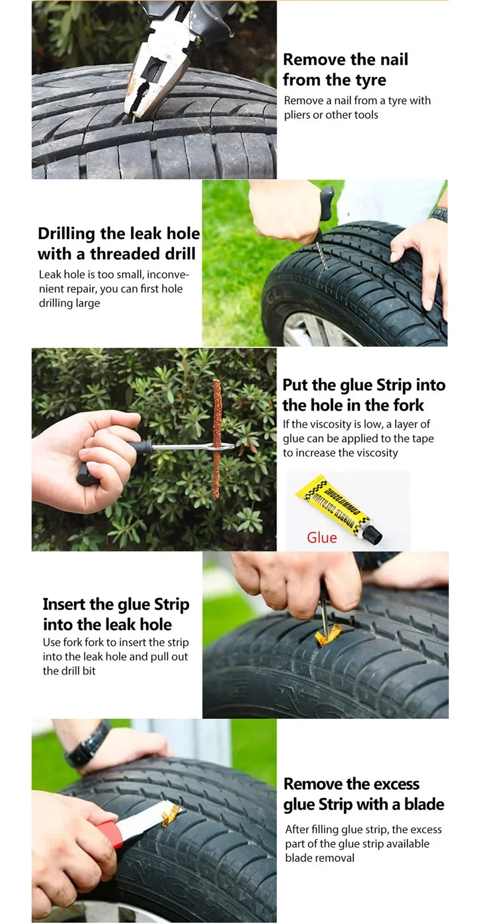 Tire Repair Tool Kit with Rubber Strips Tubeless Tyre Puncture Studding Plug Set Motorcycle Bike Truck Repair Accessories Amagi