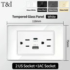 118x75mm Tempered Glass US-Thai Socket: Dual USB-C Ports & 2 AC Outlets for 110V, Scratch-Resistant Panel