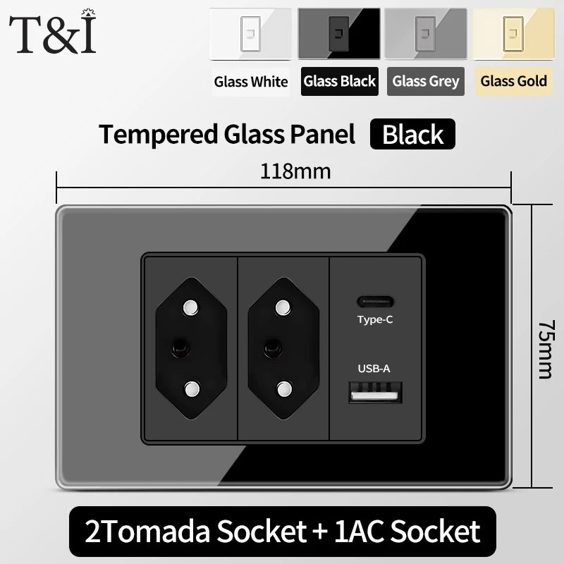 Brazil Standard Wall Socket (Type N) with Type‑C USB, 3‑Gang Wall Switch, Tempered Glass Panel, Stable Power for Home/Office