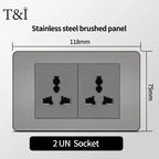 Stainless Steel Wall Socket 118x75mm Italian-Style with USB-C & Schuko Chilean Plug - Brushed Finish for Home/Office