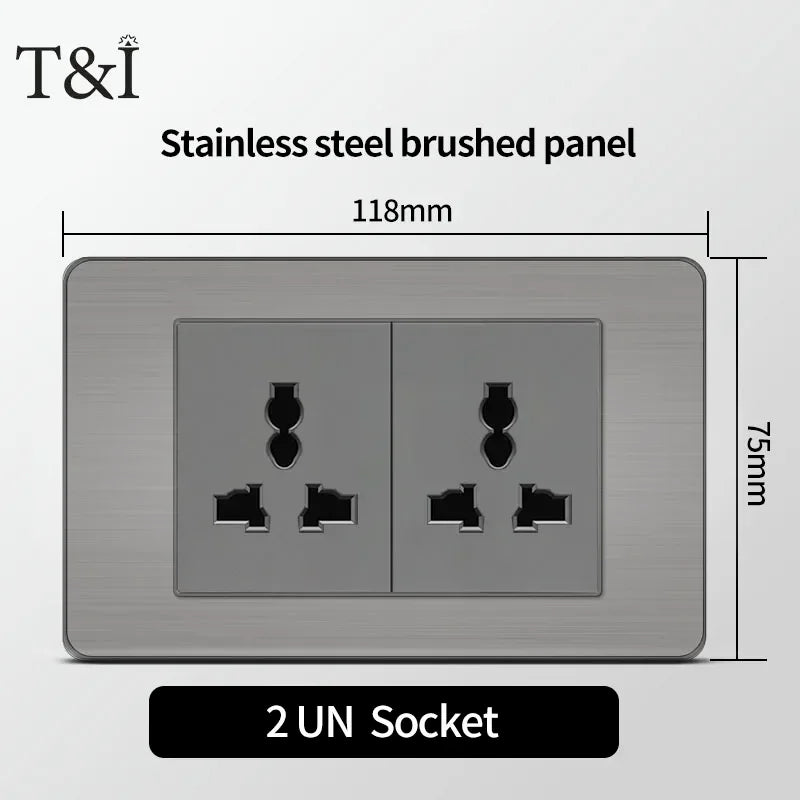 Stainless Steel Wall Socket 118x75mm Italian-Style with USB-C & Schuko Chilean Plug - Brushed Finish for Home/Office