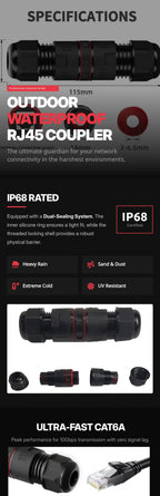 IP68 Waterproof RJ45 Ethernet Coupler, Cat6A Shielded 10Gbps Network Cable Extender for Outdoor LAN and Security Camera