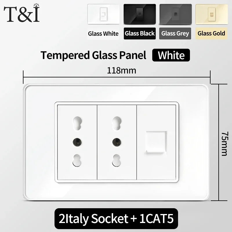 118x75mm Type-C Fast Charging Wall Socket Italy & Chile Schuko Outlet - Tempered Glass Panel Modern Design -Type Switch