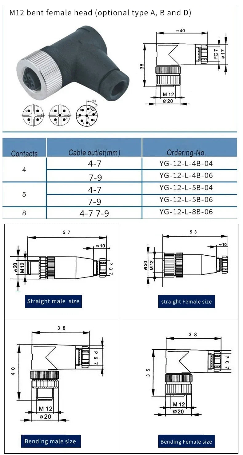 1Pcs M12 12MM Sensor Connector Straight Angle Male Female Waterproof Screw Threaded Plug Coupling 4 5 8 Pin PG7