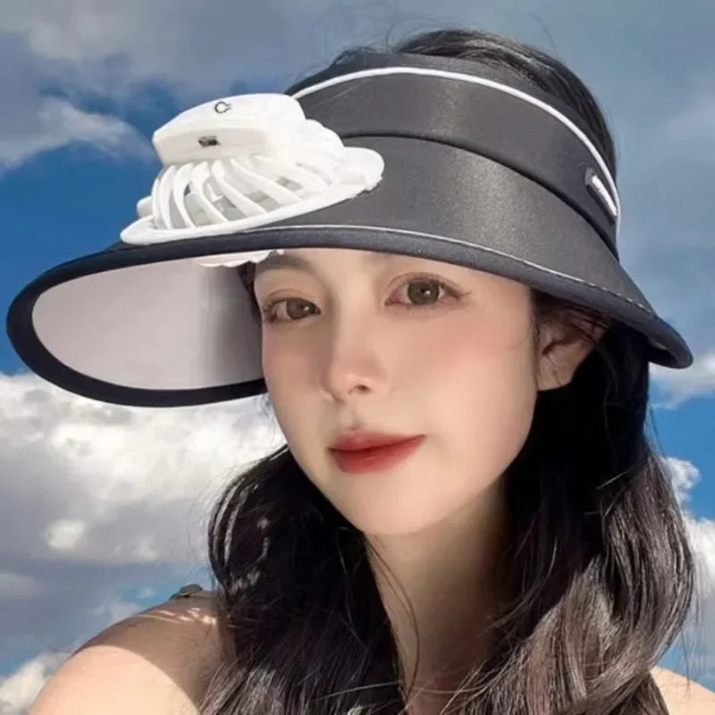 Summer Large Brim Empty Top Sunscreen Cap USB Fan Hat for WOMEN'S Leisure Outdoor Sports Travel Cycling Sun Hat Beach Fan Amagi