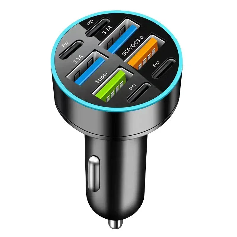 200W Car Charger 6 Ports Fast Charging with Digital Display PD QC3.0 USB C Quick Charging Adapter for IPhone Samsung Xiaomi Amag