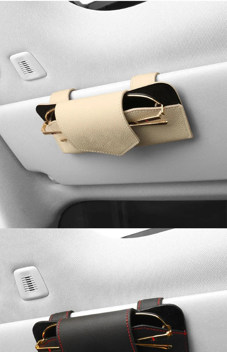 Car PU Leather Glasses Clip, Multi-Functional Sun Visor Holder, Sunglasses Box Storage Bag Clip, Car Interior Accessories Amagi