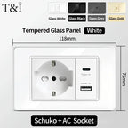 118x75mm Type-C Fast Charging Wall Socket Italy & Chile Schuko Outlet - Tempered Glass Panel Modern Design -Type Switch