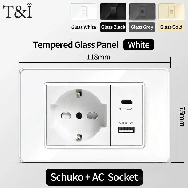 118x75mm Type-C Fast Charging Wall Socket Italy & Chile Schuko Outlet - Tempered Glass Panel Modern Design -Type Switch