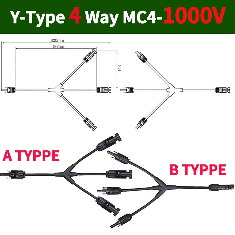 1/5/20/100 Sets DC PV Y Branch Photovoltaic Solar Connector 1000V 30A Male Female 3-Way 4-Way 5-Way Plug 1 To 2/3/4 Adapter