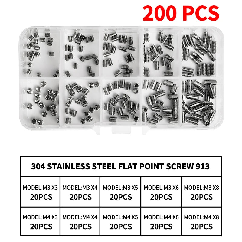 M3 - M10 Sizes DIN913 Hex Socket Allen Flat Point Grub Bolt Assortment - Black Steel & 304 Stainless Steel Mix