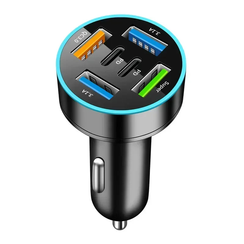 200W Car Charger 6 Ports Fast Charging with Digital Display PD QC3.0 USB C Quick Charging Adapter for IPhone Samsung Xiaomi Amag