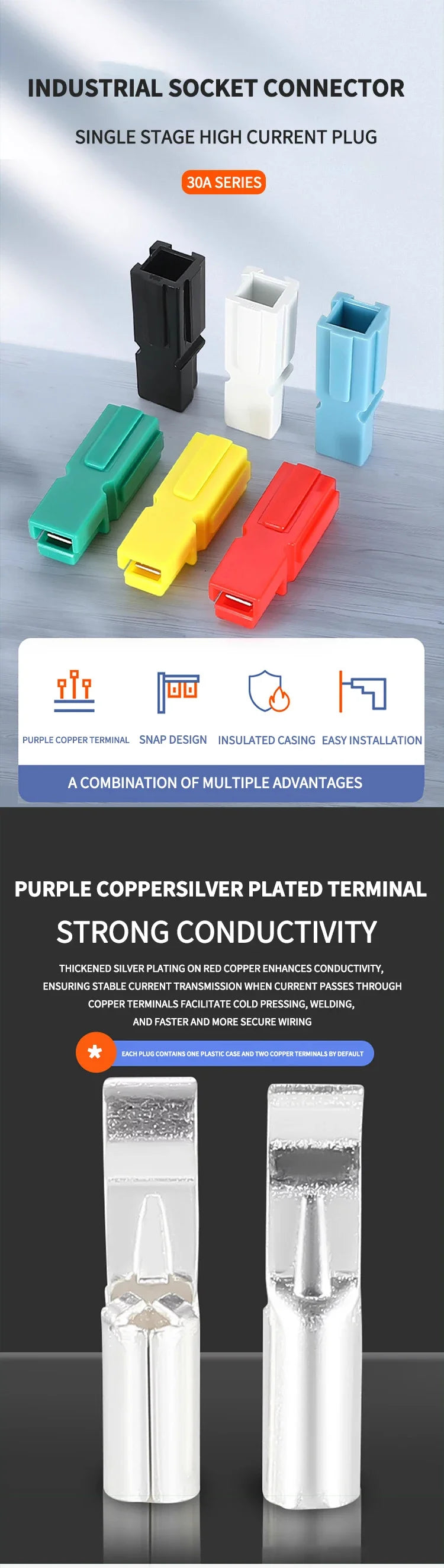 40/90/200/500Pcs/Box  Single Pole Plug 30A High Current Connector - PP Battery Forklift Power Terminals Bulk Pack