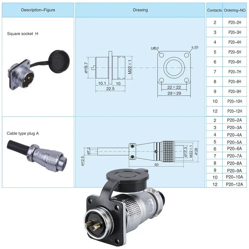 PLS20 WS20 TP20 Aviation Connector 20mm Opening Diameter 2-12 Pin Male Female Circular Plug Socket Metal Shell Waterproof IP67