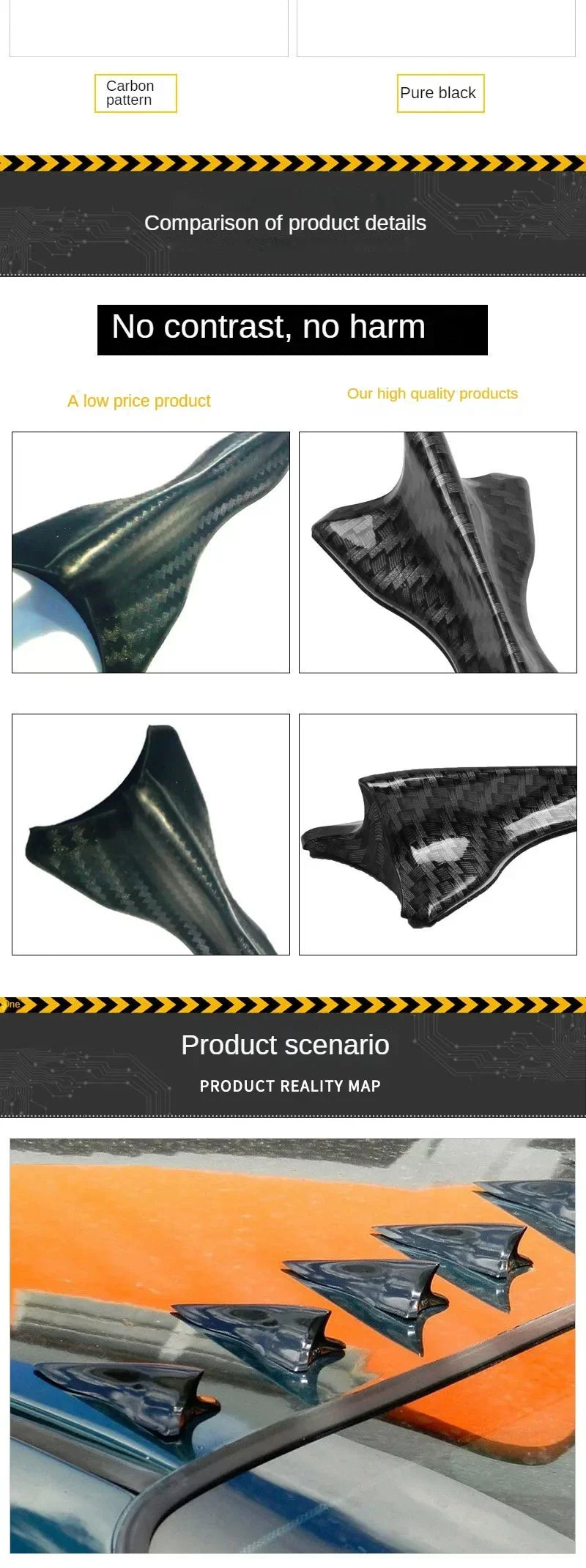 10pcs Car Exterior Trim Items Roof Tail Black Shark Fin General Purpose Pointed Carbon Fiber Bumper Modification Kit Wind Knife