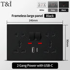 Universal Wall Socket with USB-C and USB Charger, 2 Gang Power Outlet with Switches, Flush Mount AC 110–250V for Home Office Use