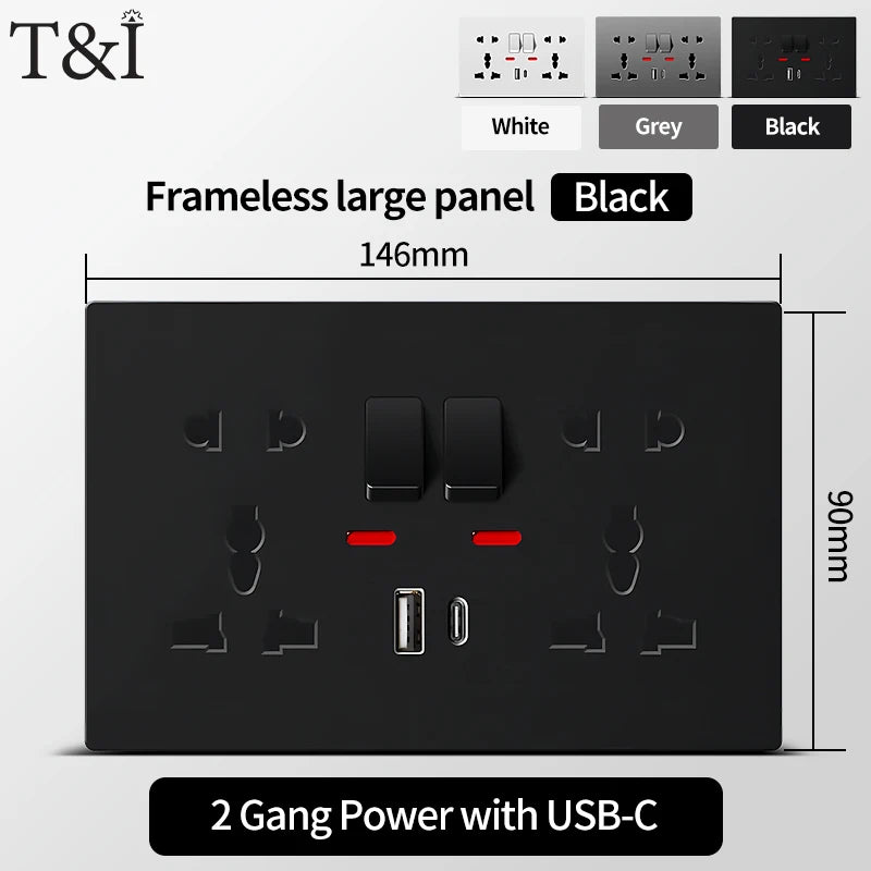 Universal Wall Socket with USB-C and USB Charger, 2 Gang Power Outlet with Switches, Flush Mount AC 110–250V for Home Office Use